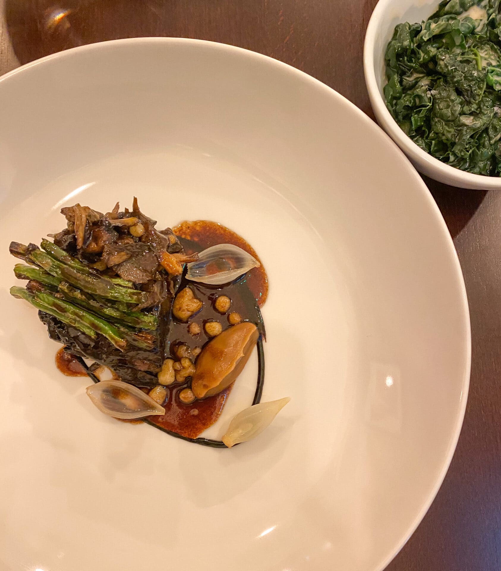 Short rib. Upper left: Dino kale in miso butter